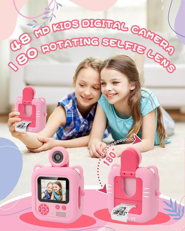 Kids Camera Instant Print, Inkless Instant Camera for Kids with 32G TF card &5 Rolls Print Paper,48MP Selfie Digital Video Camera for Toddler Kids, Christmas Birthday Gifts for Girl Boy Age 3-12(Pink) Colorful Film Lens Memory