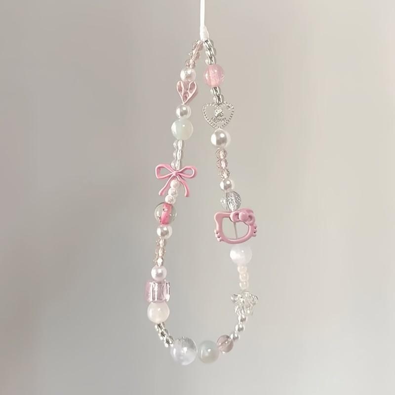 Girl Pink Hand Rope Mobile Phone ins Chain ccd Lanyard DIY HelloKitty Camera Pendant Bead Chain Shiny Mobile Phone Chain Backpack Lanyard Bag Accessories