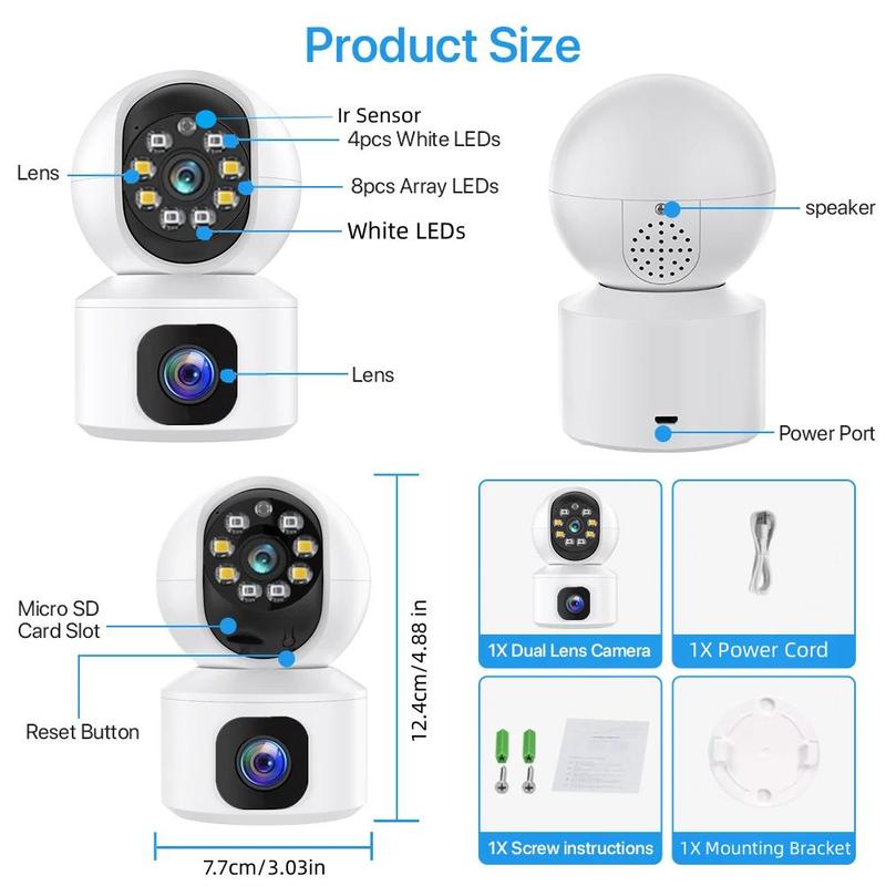 3K Indoor Camera, 2.4G WiFi Security Camera with Dual Lens, 360° HD Network Monitor with Two-way Talk, Motion-Detection, Color Night-Vision Camera