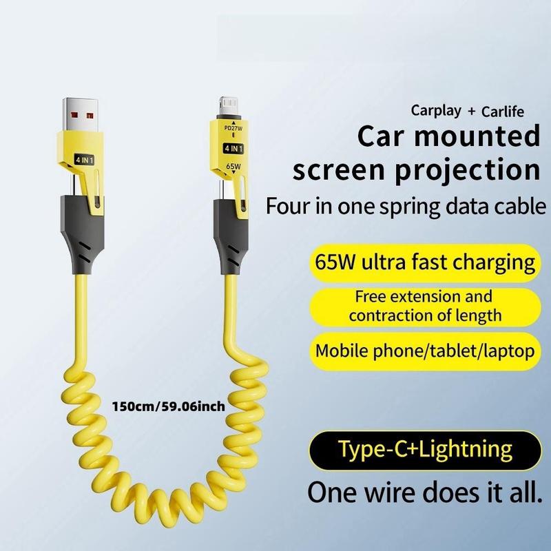 4 In 1 Multifunctional Phone Charging Cable, 65W PD 27W Fast Charging Data Cable Compatible with iPhone, Android, MacBook, iPad