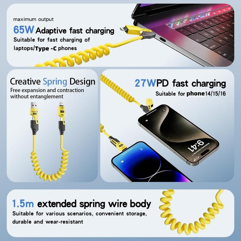 4 In 1 Multifunctional Phone Charging Cable, 65W PD 27W Fast Charging Data Cable Compatible with iPhone, Android, MacBook, iPad