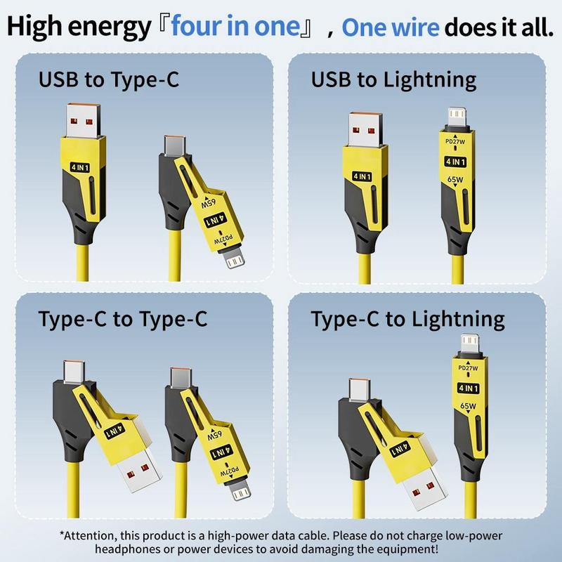4 In 1 Multifunctional Phone Charging Cable, 65W PD 27W Fast Charging Data Cable Compatible with iPhone, Android, MacBook, iPad