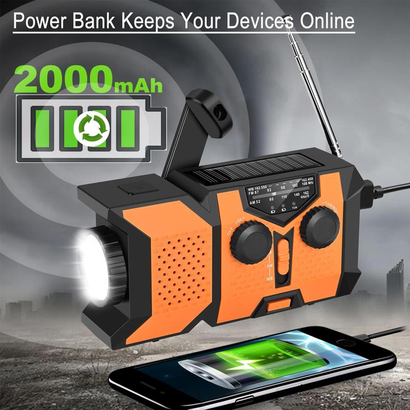 Solar & Hand Crank Radio, 2000mAh Power Bank Smart Phone USB Charger, Portable Self Powered NOAA AM FM Weather Radio with LED Flashlight