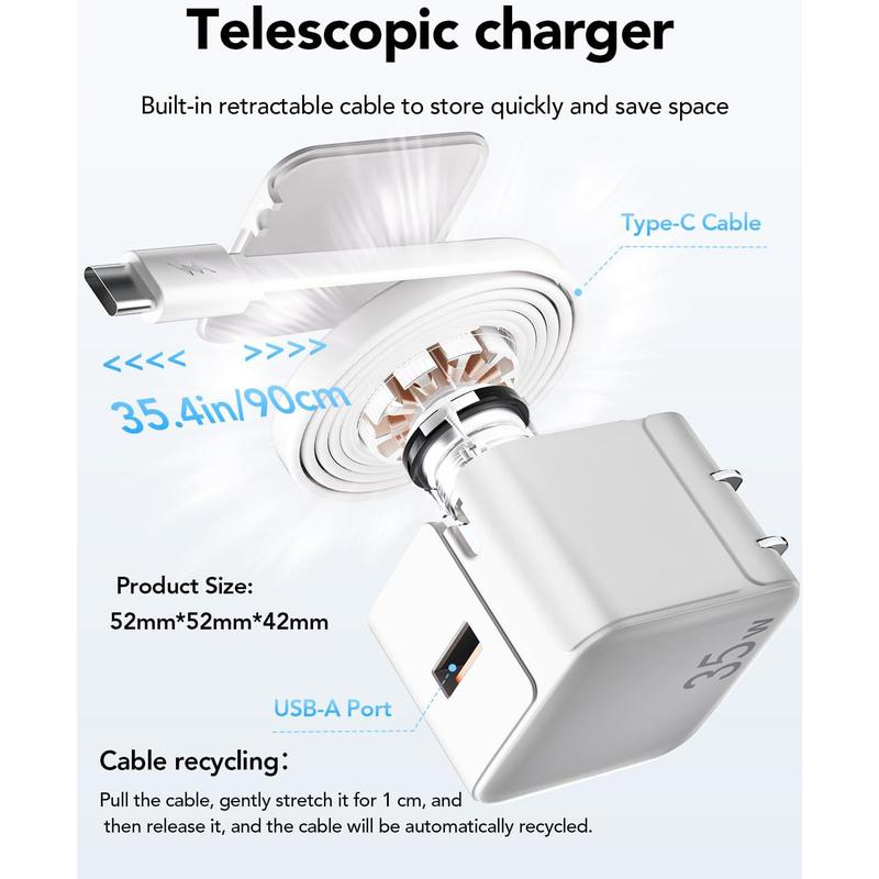 Retractable Wall Charger Block for iPhone 16 15, 35W PD Fast Charger with Retractable Type C Cable and USB Port, Portable Charger Adapter with Foldable Plug for iPhone 15 Pro Max iPad Galaxy Pixel
