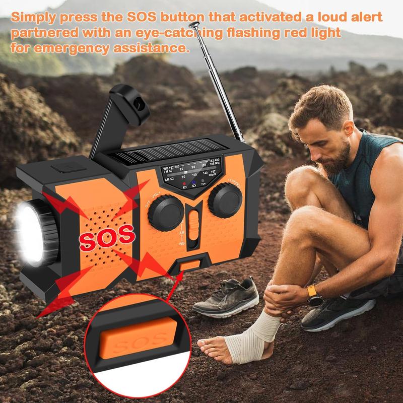 Solar & Hand Crank Radio, 2000mAh Power Bank Smart Phone USB Charger, Portable Self Powered NOAA AM FM Weather Radio with LED Flashlight