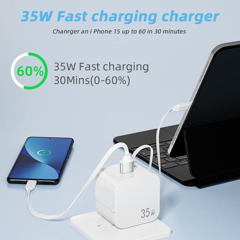 Retractable Wall Charger Block for iPhone 16 15, 35W PD Fast Charger with Retractable Type C Cable and USB Port, Portable Charger Adapter with Foldable Plug for iPhone 15 Pro Max iPad Galaxy Pixel