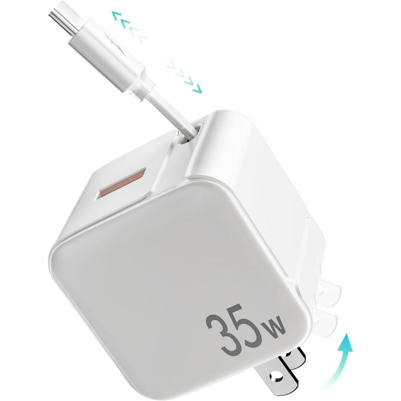 Retractable Wall Charger Block for iPhone 16 15, 35W PD Fast Charger with Retractable Type C Cable and USB Port, Portable Charger Adapter with Foldable Plug for iPhone 15 Pro Max iPad Galaxy Pixel