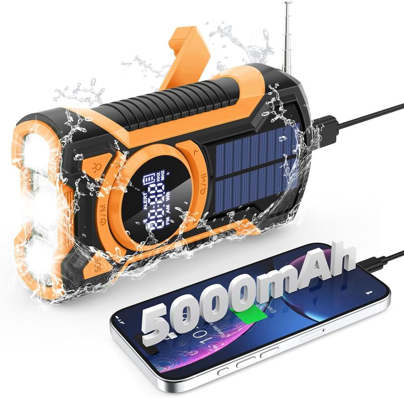 Portable AM FM Weather Digital Radio,Emergency Radio Hand Crank Solar,Flashlight Cell Phone Charger,Reading Lamp,Waterproof Rechargeable Radio 5000mAh Battery Power,Outdoor Survival Audio Compact Bluetooth Button Charging Device Electronic Wireless Mobile