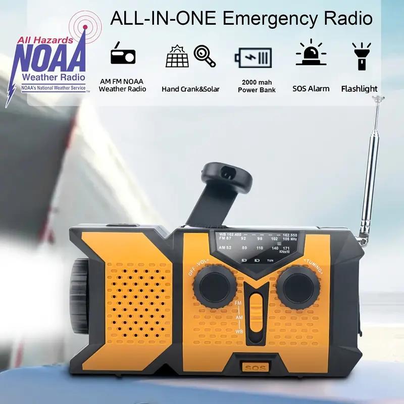 Solar & Hand Crank Radio, 2000mAh Power Bank Smart Phone USB Charger, Portable Self Powered NOAA AM FM Weather Radio with LED Flashlight