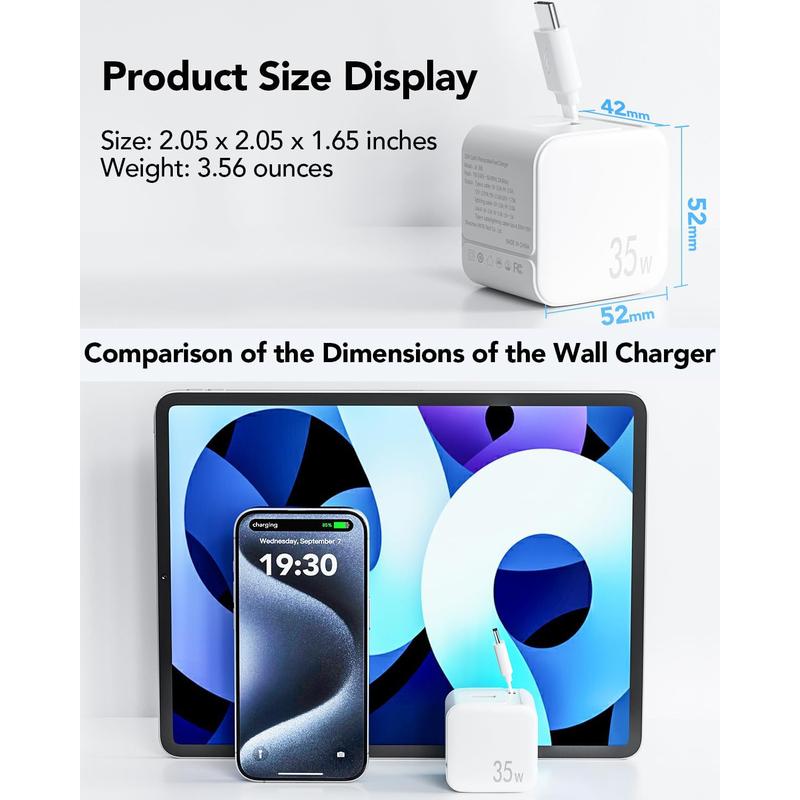 Retractable Wall Charger Block for iPhone 16 15, 35W PD Fast Charger with Retractable Type C Cable and USB Port, Portable Charger Adapter with Foldable Plug for iPhone 15 Pro Max iPad Galaxy Pixel