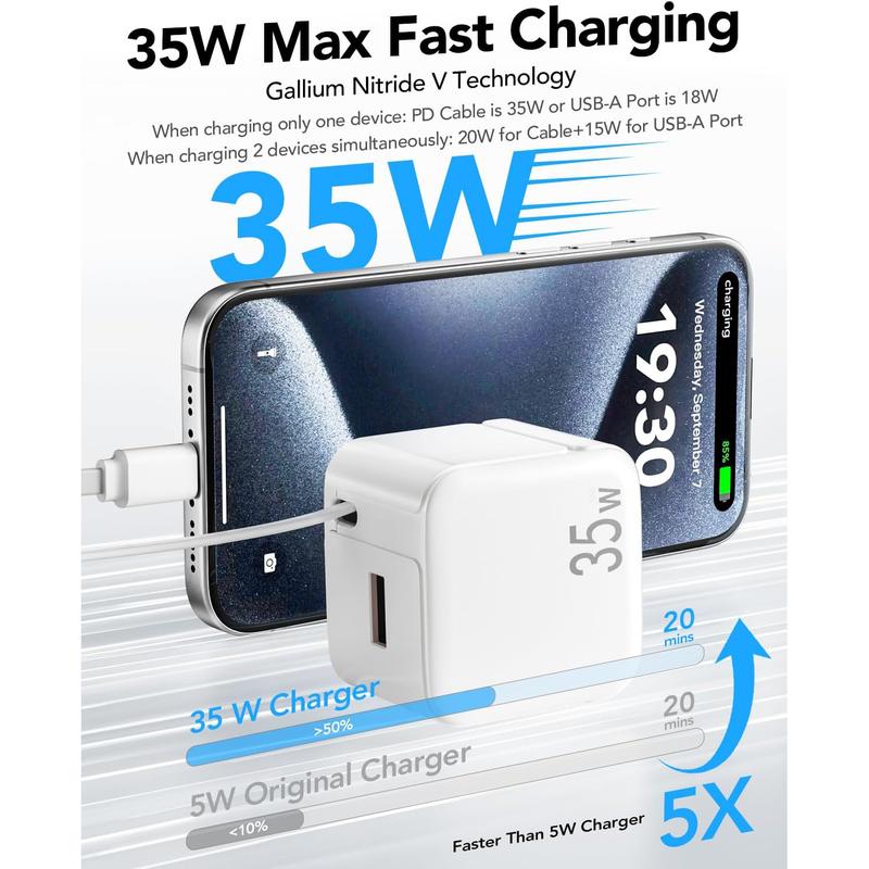 Retractable Wall Charger Block for iPhone 16 15, 35W PD Fast Charger with Retractable Type C Cable and USB Port, Portable Charger Adapter with Foldable Plug for iPhone 15 Pro Max iPad Galaxy Pixel