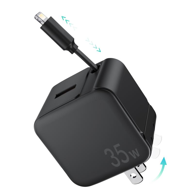 Retractable Wall Charger Block for iPhone 16 15, 35W PD Fast Charger with Retractable Type C Cable and USB Port, Portable Charger Adapter with Foldable Plug for iPhone 15 Pro Max iPad Galaxy Pixel