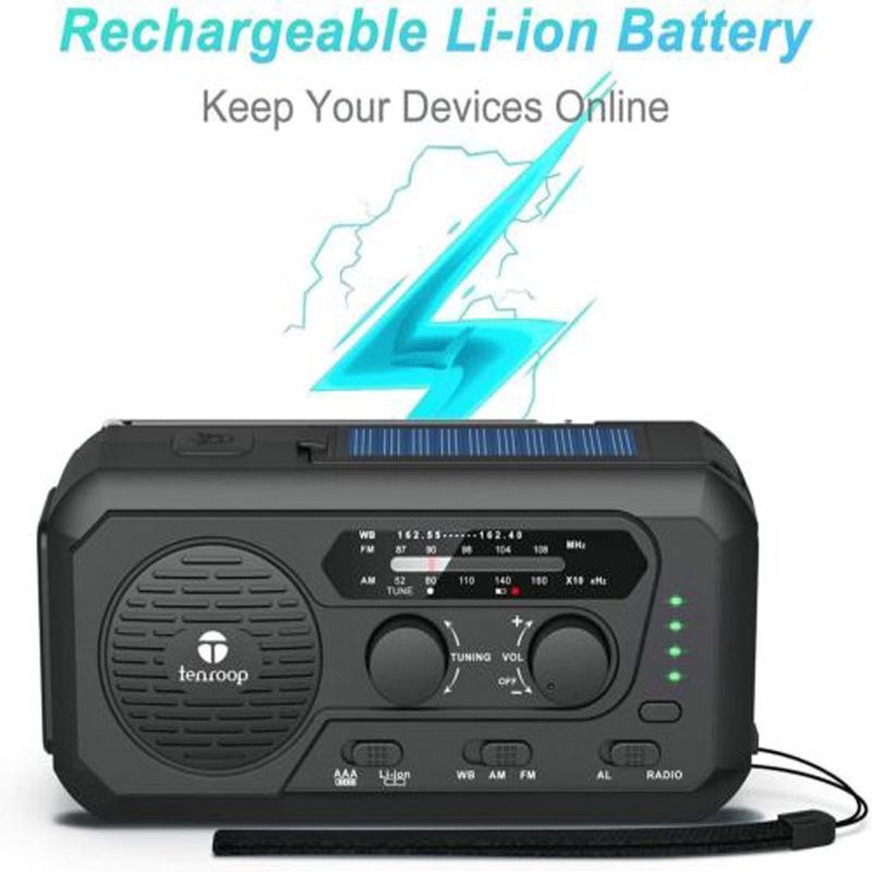 5000mAh Emergency Weather Radio – Hand Crank, Solar Powered, AM FM NOAA Radio with Flashlight, Reading Lamp, SOS Alarm, and Cell Phone Charger