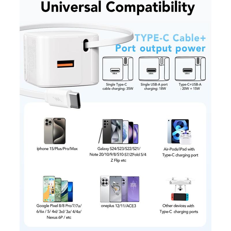 Retractable Wall Charger Block for iPhone 16 15, 35W PD Fast Charger with Retractable Type C Cable and USB Port, Portable Charger Adapter with Foldable Plug for iPhone 15 Pro Max iPad Galaxy Pixel