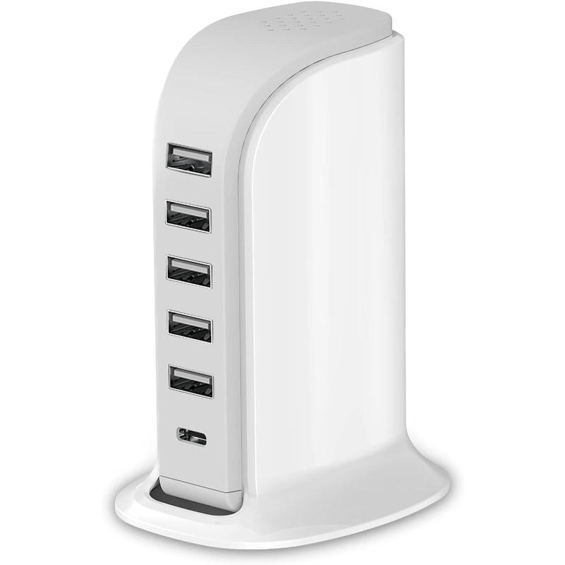 Charging Station for Multiple Devices Upoy, Wall Charger Block 5 USB Ports, Apple Adapter with Type C for Smartphones, Cellphone Mobile Electronic