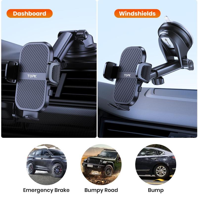 TOPK Car Phone Holder, Adjustable 360° Rotation Car Phone Holder, One Button Release Car Phone Mount for 4.0-6.7 Phones