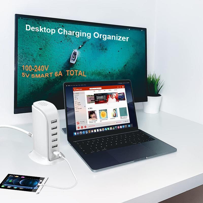 Charging Station for Multiple Devices Upoy, Wall Charger Block 5 USB Ports, Apple Adapter with Type C for Smartphones, Cellphone Mobile Electronic