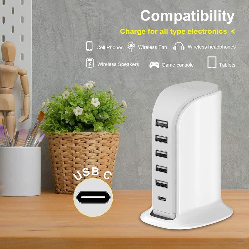 Charging Station for Multiple Devices Upoy, Wall Charger Block 5 USB Ports, Apple Adapter with Type C for Smartphones, Cellphone Mobile Electronic