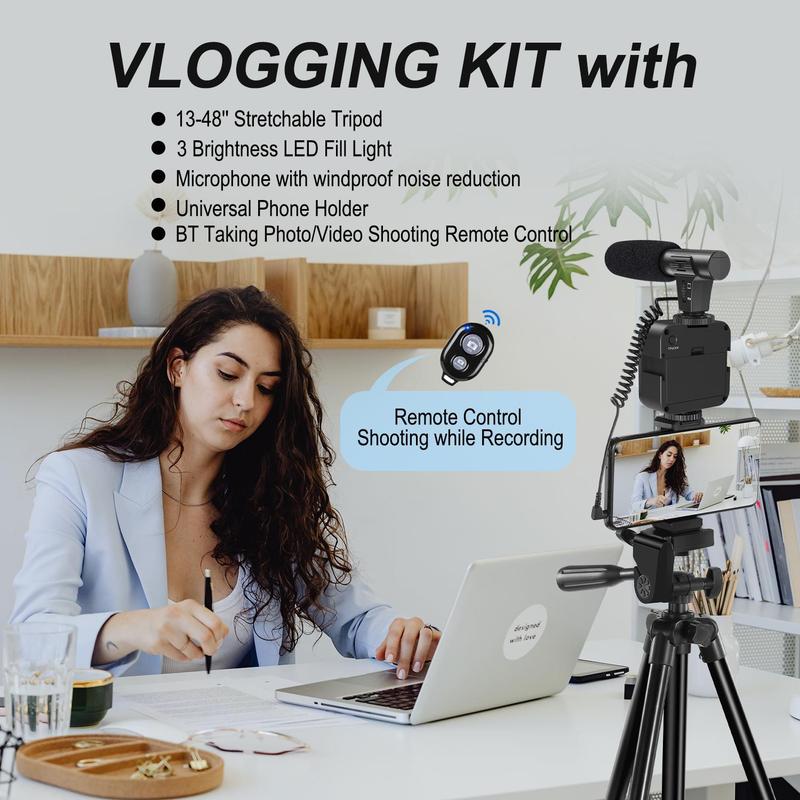 Portable Vlog Shooting Kit, Video Recording Toolkit with Retractable Tripod, LED Light, Microphone, Phone Clip, Selfie Control, Camera Stand, Suitable for Camera Vlog, Videography Equipment