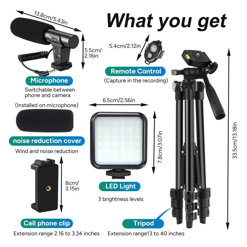 Portable Vlog Shooting Kit, Video Recording Toolkit with Retractable Tripod, LED Light, Microphone, Phone Clip, Selfie Control, Camera Stand, Suitable for Camera Vlog, Videography Equipment