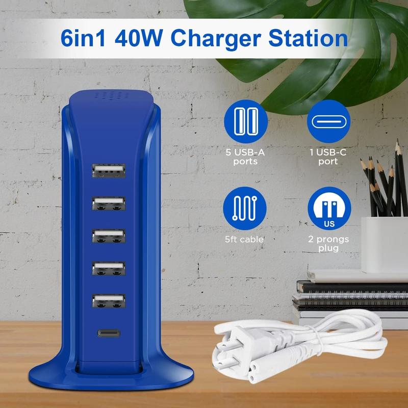 Charging Station for Multiple Devices Upoy, Wall Charger Block 5 USB Ports, Apple Adapter with Type C for Smartphones, Cellphone Mobile Electronic