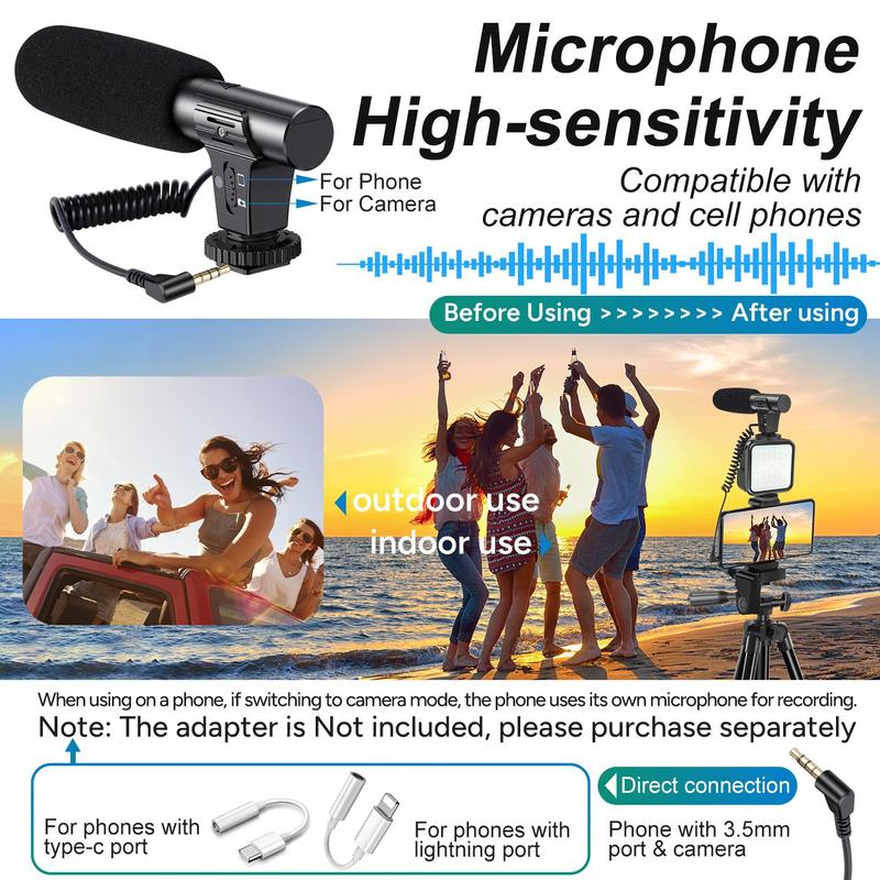 Portable Vlog Shooting Kit, Video Recording Toolkit with Retractable Tripod, LED Light, Microphone, Phone Clip, Selfie Control, Camera Stand, Suitable for Camera Vlog, Videography Equipment