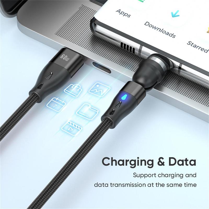 3A 60W Magnetic Fast Charging Data Cable, Nylon Aluminum Alloy Data Cable, Rotatable Type-C & USB Data Charger Cord for iPhone & Android Tablet Laptop