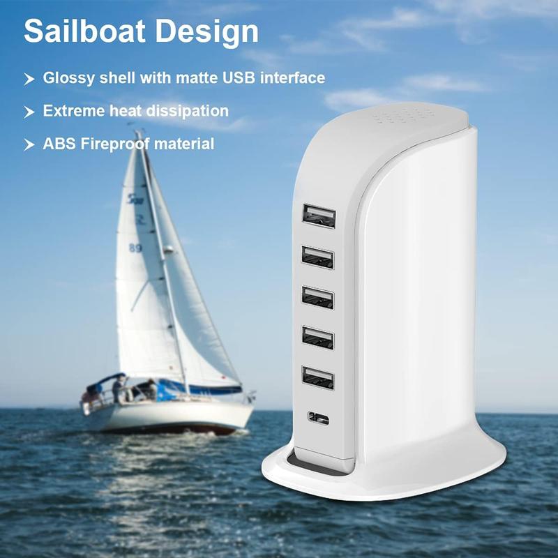 Charging Station for Multiple Devices Upoy, Wall Charger Block 5 USB Ports, Apple Adapter with Type C for Smartphones, Cellphone Mobile Electronic