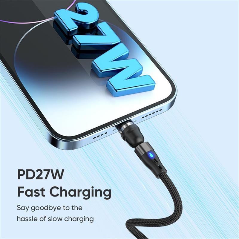3A 60W Magnetic Fast Charging Data Cable, Nylon Aluminum Alloy Data Cable, Rotatable Type-C & USB Data Charger Cord for iPhone & Android Tablet Laptop