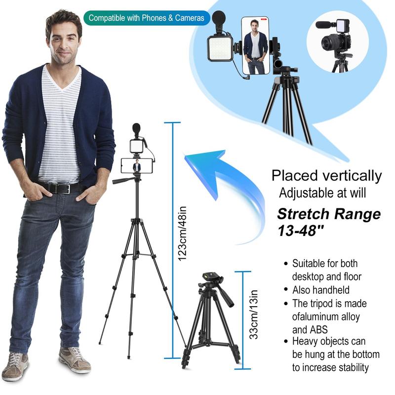 Portable Vlog Shooting Kit, Video Recording Toolkit with Retractable Tripod, LED Light, Microphone, Phone Clip, Selfie Control, Camera Stand, Suitable for Camera Vlog, Videography Equipment