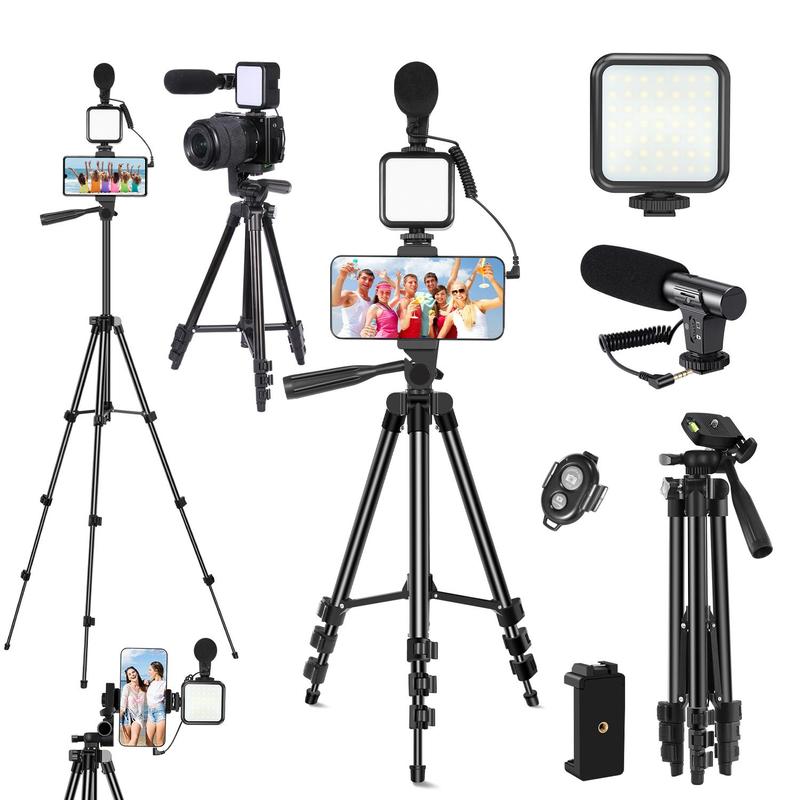 Portable Vlog Shooting Kit, Video Recording Toolkit with Retractable Tripod, LED Light, Microphone, Phone Clip, Selfie Control, Camera Stand, Suitable for Camera Vlog, Videography Equipment