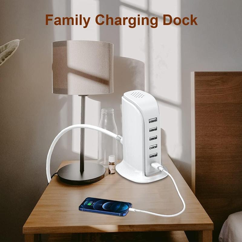 Charging Station for Multiple Devices Upoy, Wall Charger Block 5 USB Ports, Apple Adapter with Type C for Smartphones, Cellphone Mobile Electronic