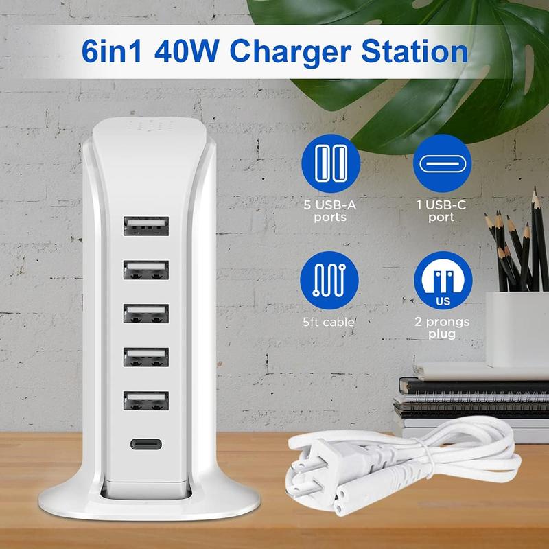 Charging Station for Multiple Devices Upoy, Wall Charger Block 5 USB Ports, Apple Adapter with Type C for Smartphones, Cellphone Mobile Electronic