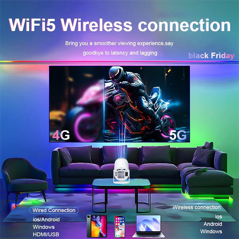 Christmas gift projector, which supports WiFi6 and Bluetooth 5.0,supports 4K decoding,is equipped with Android  system and has a 180° rotatable stand