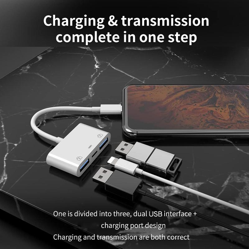 3 in 1 USB Adapter for Lightning, Portable Plug and Play Adapters, Multiport Adapter Compatible with iPhone & iPad, Mobile Phone Accessories