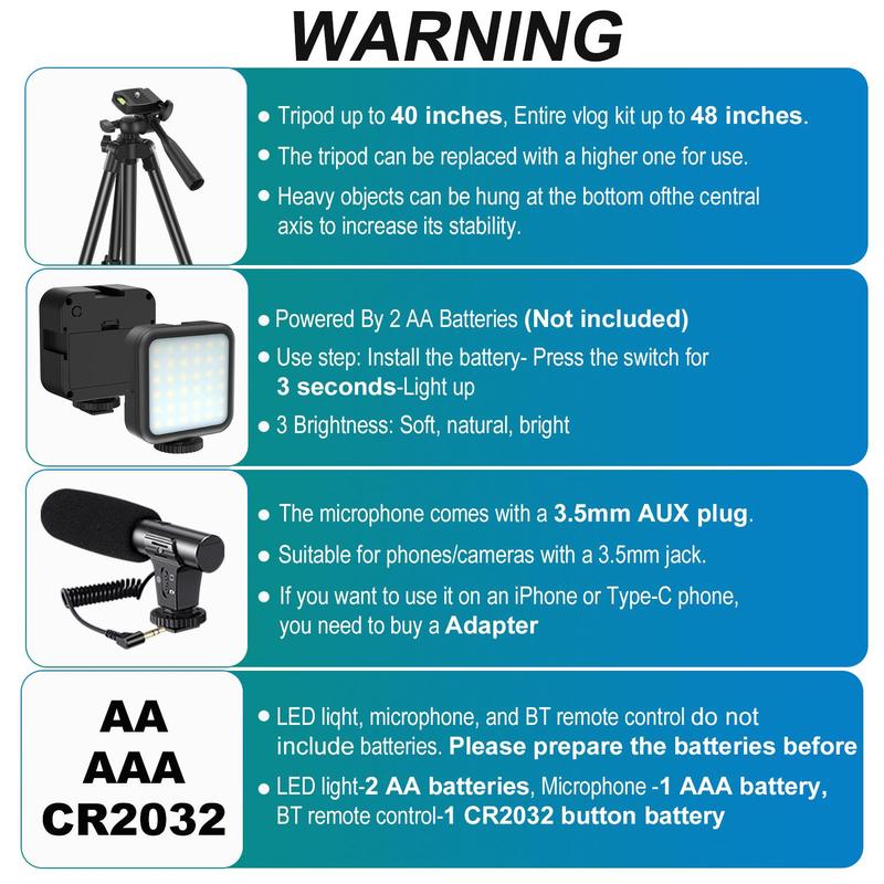 Portable Vlog Shooting Kit, Video Recording Toolkit with Retractable Tripod, LED Light, Microphone, Phone Clip, Selfie Control, Camera Stand, Suitable for Camera Vlog, Videography Equipment