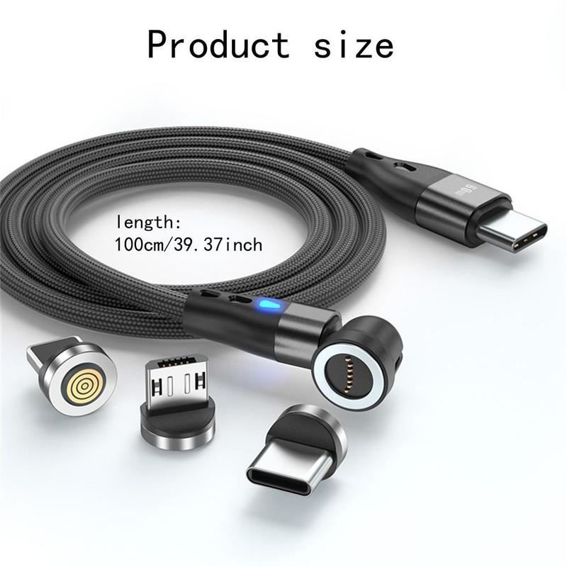 3A 60W Magnetic Fast Charging Data Cable, Nylon Aluminum Alloy Data Cable, Rotatable Type-C & USB Data Charger Cord for iPhone & Android Tablet Laptop