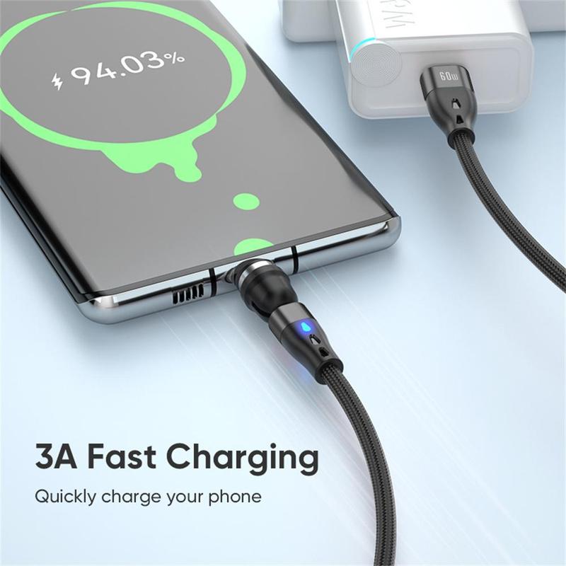 3A 60W Magnetic Fast Charging Data Cable, Nylon Aluminum Alloy Data Cable, Rotatable Type-C & USB Data Charger Cord for iPhone & Android Tablet Laptop