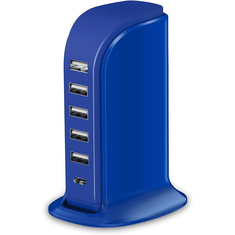 Charging Station for Multiple Devices Upoy, Wall Charger Block 5 USB Ports, Apple Adapter with Type C for Smartphones, Cellphone Mobile Electronic
