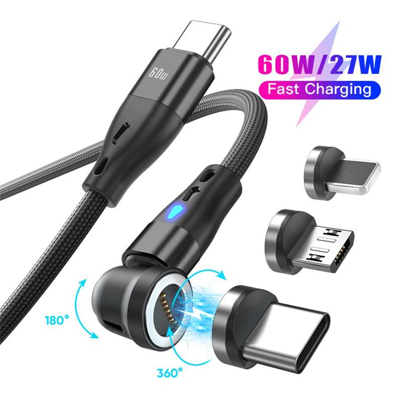 3A 60W Magnetic Fast Charging Data Cable, Nylon Aluminum Alloy Data Cable, Rotatable Type-C & USB Data Charger Cord for iPhone & Android Tablet Laptop