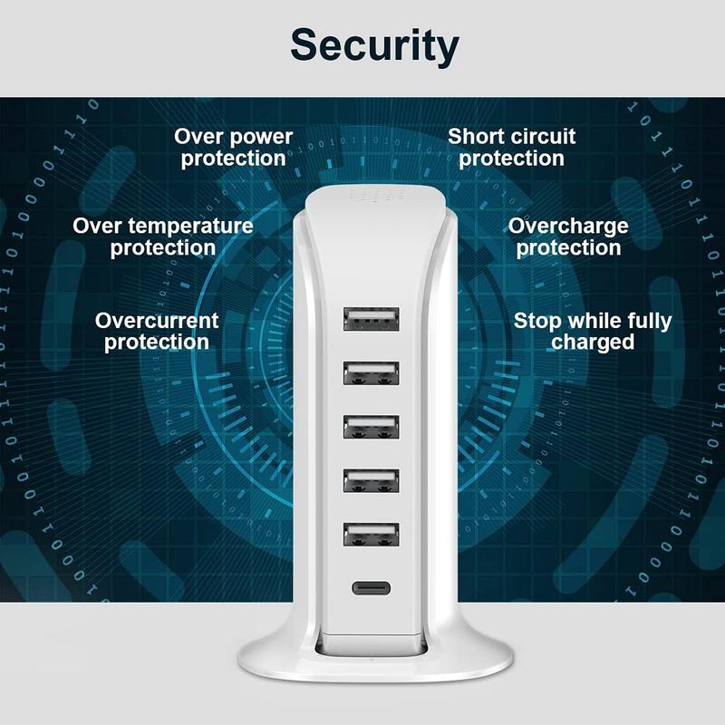 Charging Station for Multiple Devices Upoy, Wall Charger Block 5 USB Ports, Apple Adapter with Type C for Smartphones, Cellphone Mobile Electronic