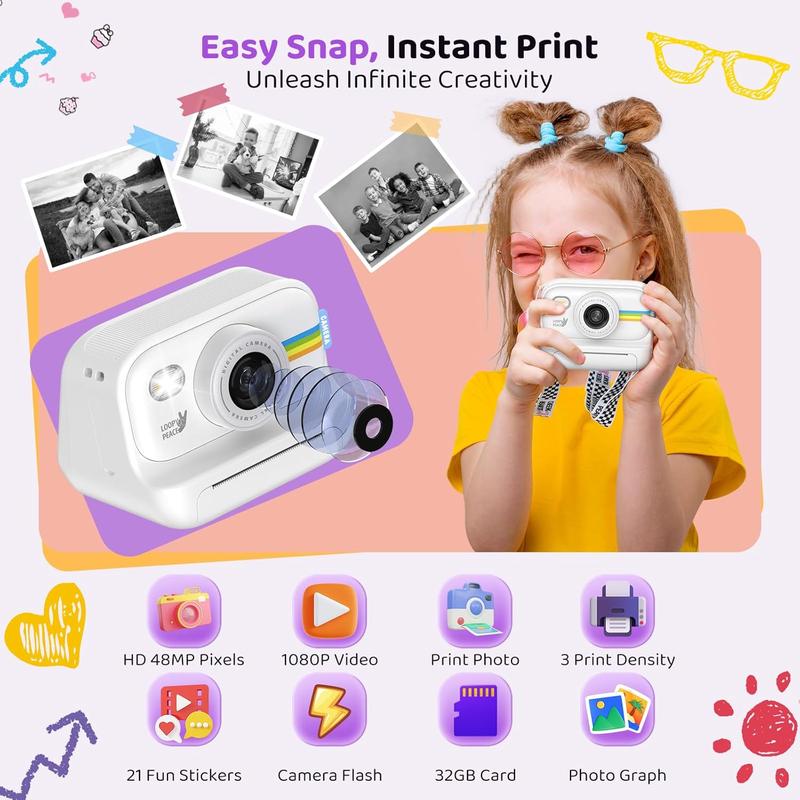 Instant print camera for kids,creative Christmas and birthday gift for boys and girls ages 3 andup,Auto Focus Digital,HD digital camera with thermal papereducational children's toy camera,portableinstant print camera, includes 8GB SD card film camera