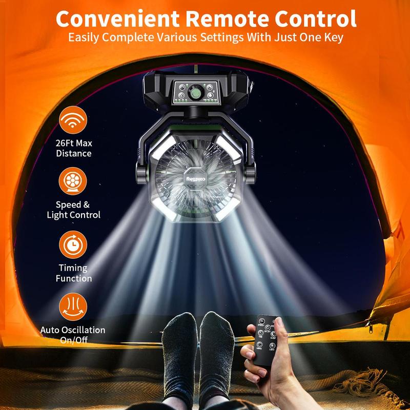ColdSky 20000mAh Camping Fan with Dual Motor, Battery Operated Portable Fan with 4 LED Lantern, 8 Speeds Desk Mini Fans with Remote, Waist Fan, Outdoor Cooling Fan with Hook for Tent, Power Outages, Jobsite, Belt Fan Clip on Waist