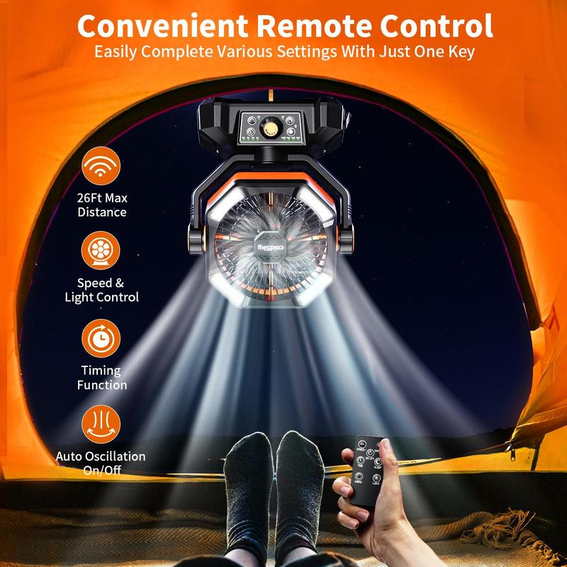ColdSky 20000mAh Camping Fan with Dual Motor, Battery Operated Portable Fan with 4 LED Lantern, 8 Speeds Desk Mini Fans with Remote, Waist Fan, Outdoor Cooling Fan with Hook for Tent, Power Outages, Jobsite, Belt Fan Clip on Waist