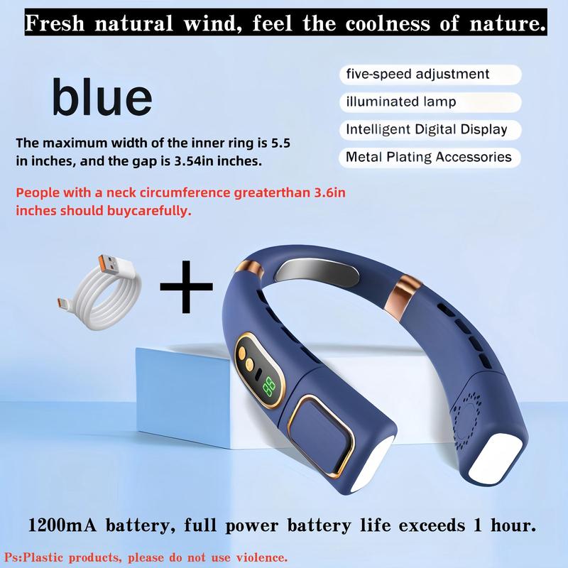 Fall USB Rechargeable Neck Fan, 5 Speed Adjustable Cooling Neck Hanging Fan, Silent Neck Hanging Fan with Colorful LED Lights, Portable Wearable Fan for Summer Party Outdoor, Portable Fan, Cooling Fan for Bedroom