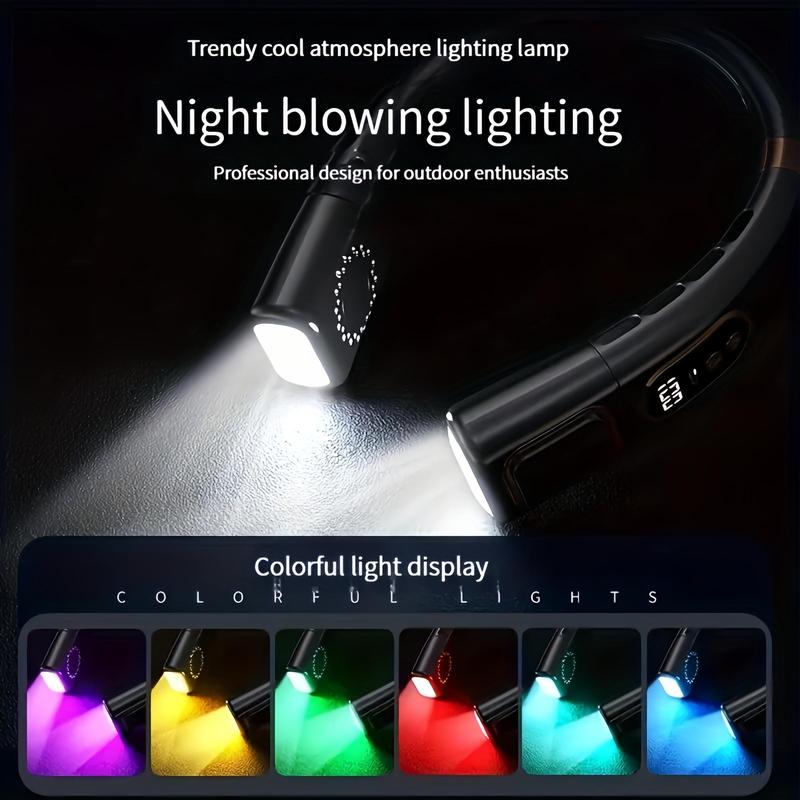 Fall USB Rechargeable Neck Fan, 5 Speed Adjustable Cooling Neck Hanging Fan, Silent Neck Hanging Fan with Colorful LED Lights, Portable Wearable Fan for Summer Party Outdoor, Portable Fan, Cooling Fan for Bedroom