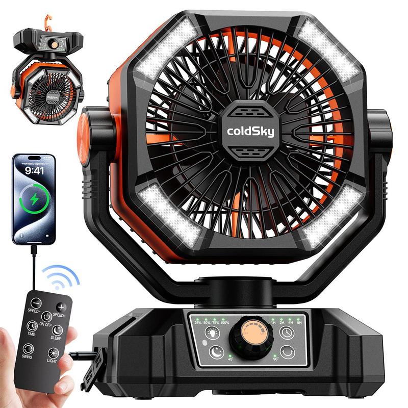 ColdSky 20000mAh Camping Fan with Dual Motor, Battery Operated Portable Fan with 4 LED Lantern, 8 Speeds Desk Mini Fans with Remote, Waist Fan, Outdoor Cooling Fan with Hook for Tent, Power Outages, Jobsite, Belt Fan Clip on Waist