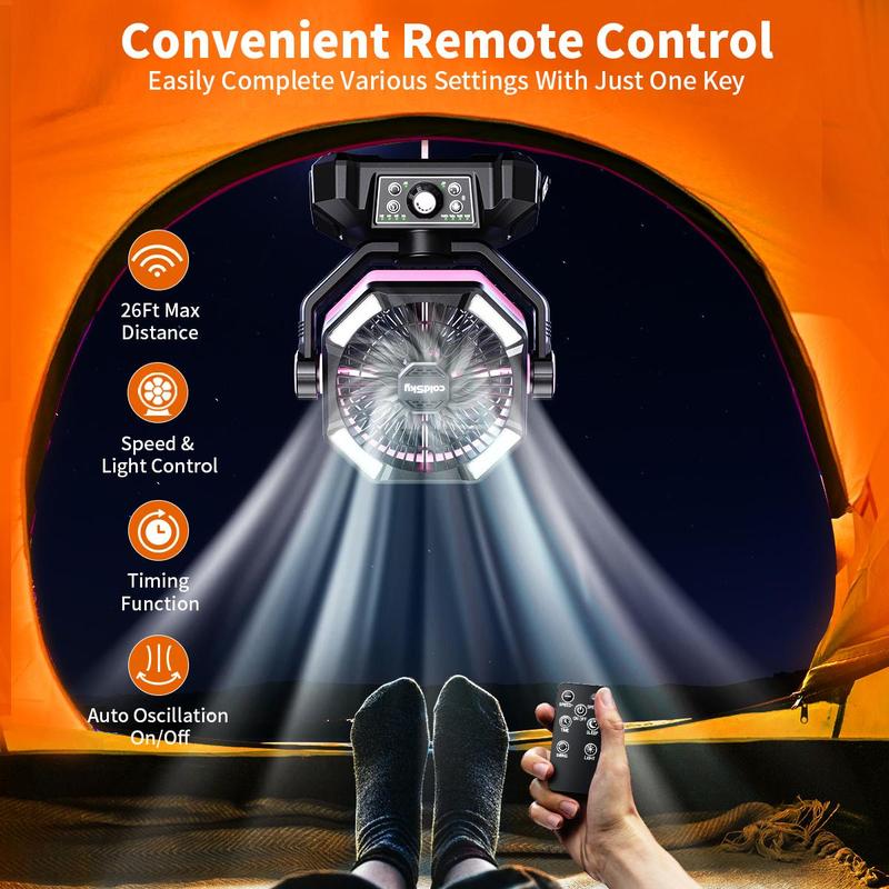 ColdSky 20000mAh Camping Fan with Dual Motor, Battery Operated Portable Fan with 4 LED Lantern, 8 Speeds Desk Mini Fans with Remote, Waist Fan, Outdoor Cooling Fan with Hook for Tent, Power Outages, Jobsite, Belt Fan Clip on Waist