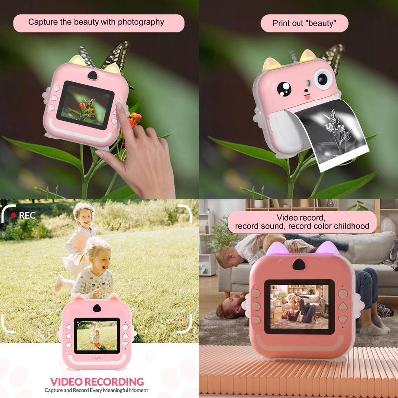Cartoon Design Instant Print Camera, 1 Set Instant Print Camera with 2 Rolls Print Paper & 5 Counts Colored Pen & 1 Count Sticker, Label Printer for Office Supplies, Photo Camera, Instant Camera