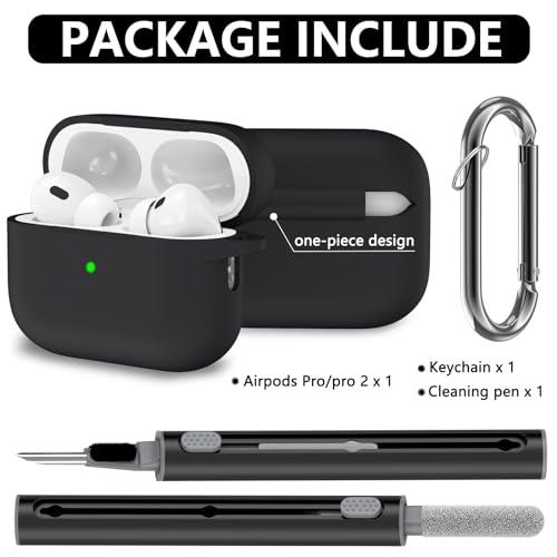 AirPods Pro Case Cover with Cleaner Kit,Soft Silicone Protective Case for Apple AirPod Pro 2nd 1st Generation Case for Women Men,AirPods Pro 2 Pro Case Accessories with Keychain-Black
